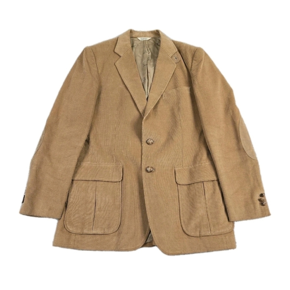 Corduroy Blazer Jacket Mens L42 Tan Two Button Elbow Patch Sport Coat Wedding